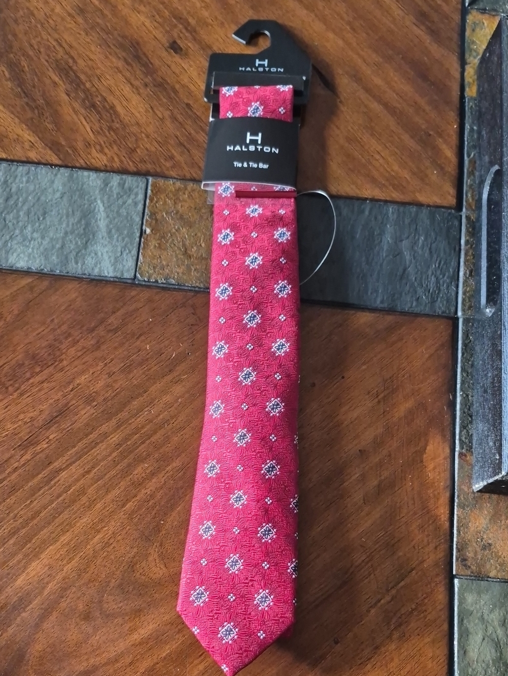 Halston Heritage Red Medallion Silk Tie And Tie Bar with Navy & White Accents